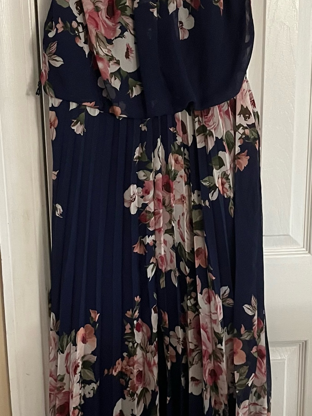 Navy Floral Pleated Maxi Dress with Pink Blooms